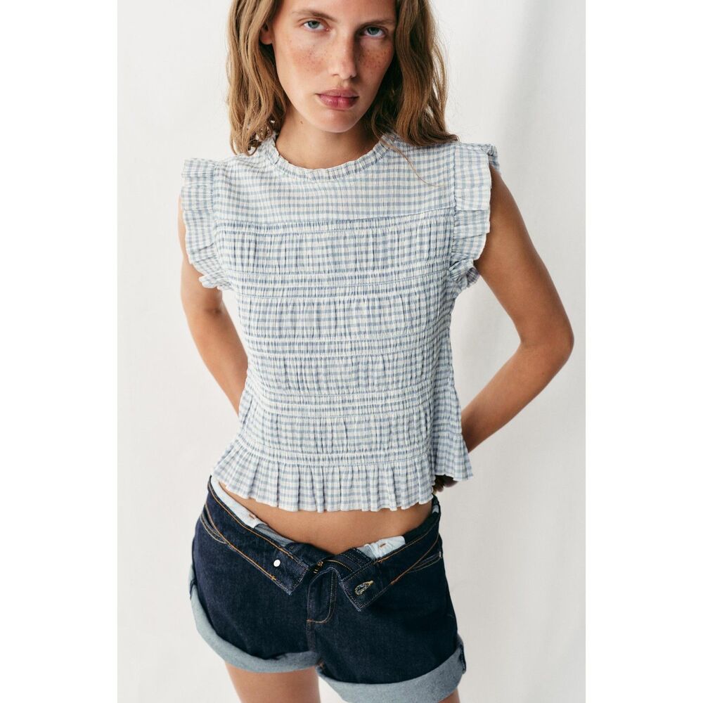 Zara Gingham Smocked Ruffle Top XL Blue Ecru NWT